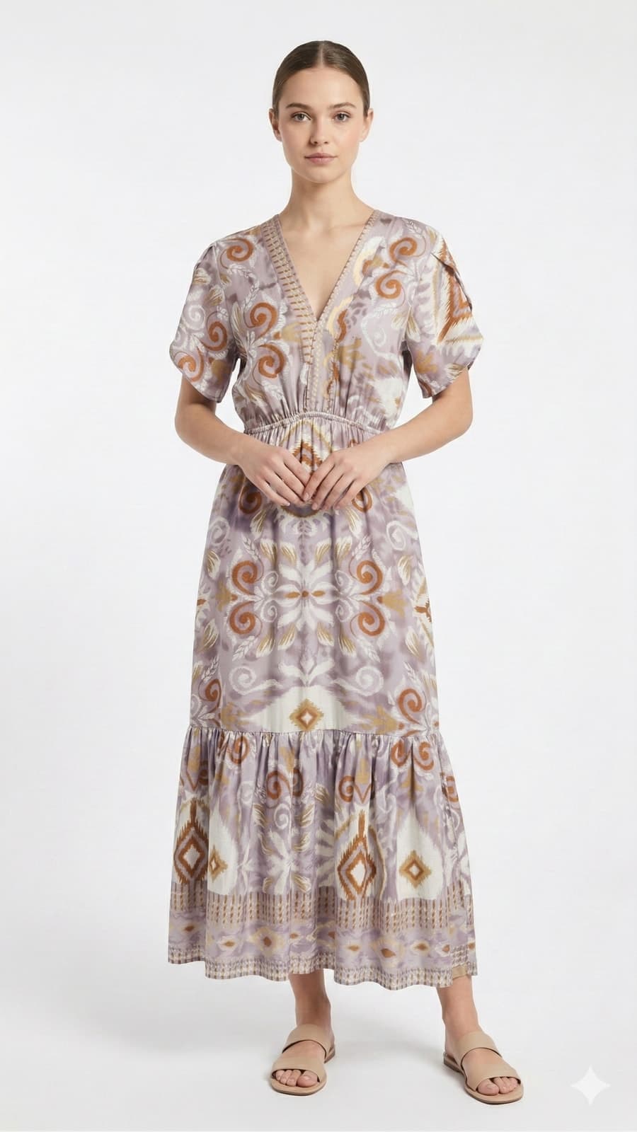 Vestido manca corta con bobos de lino rayón